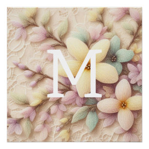 Monogramm Spitzen rosa und gelbe Frühlingsblumen Poster