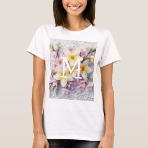 Monogramm Spitzen rosa und gelbe Frühlingsblumen T-Shirt