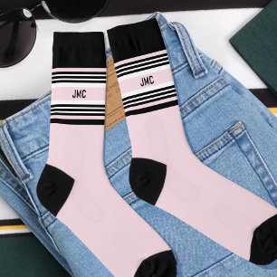 Monogramm Sportstreifen Pastellfarben Rosa Schwarz Socken