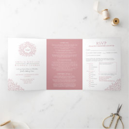 Monogramm staubige Rose Blätter Hochzeit alles in Dreifach Gefaltete Einladung