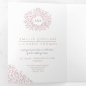 Monogramm staubige Rose Blätter Hochzeit alles in Dreifach Gefaltete Einladung (Innen Erste Seite)