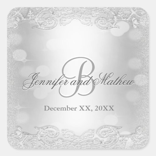 Monogramm-Sticker | Elegantes Silber Quadratischer Aufkleber (Vorderseite)