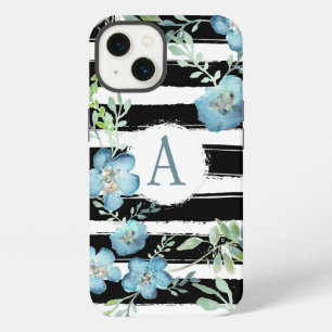 Monogramm Streifen Blau Floral iPhone 13 Hülle