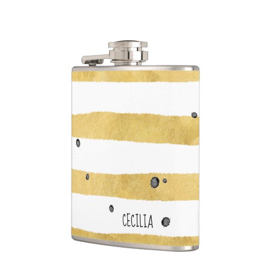 Monogramm-Streifenmuster mit goldenen Streifen und Flachmann (Links)