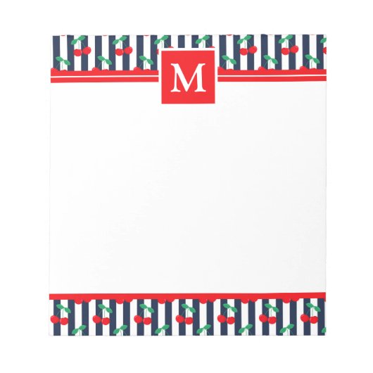 Monogramm "Summer Light Blue & Red Cherries" Notizblock (Vorderseite)