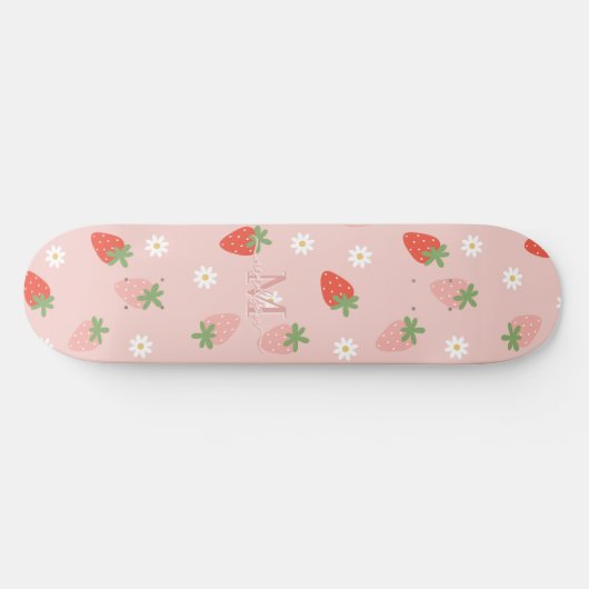 Monogramm süße Rosa und rote Erdbeeren Skateboard (Horizontal)