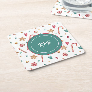Monogramm Süßigkeiten Muster Quadratisches Papier Rechteckiger Pappuntersetzer