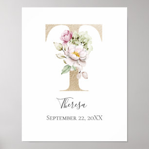 Monogramm T Pink Weiß Floral Gold Buchstabe Kinder Poster