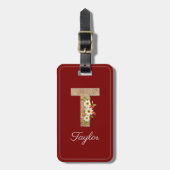 Monogramm T rotes Holz Buchstaben Blumen Gepäckanh Gepäckanhänger (Vorderseite vertikal)