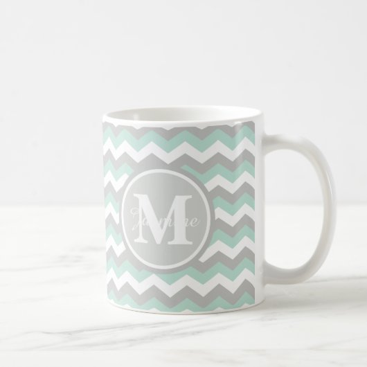 Monogramm-tadelloser grüner grauer Zickzack Kaffeetasse (Rechts)