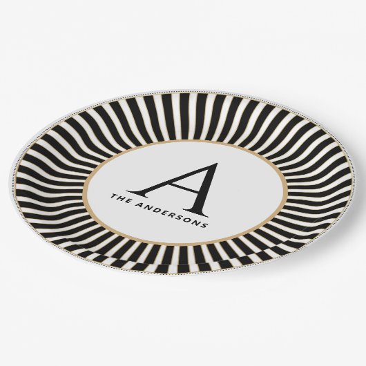 Monogramm-Tafel, schwarz und weiß gestrichen Pappteller (Schrägansicht)