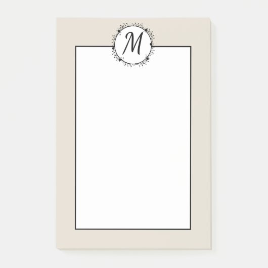 Monogramm tan, weiß mit schwarzem Kranz Post-it Klebezettel (Vorderseite)