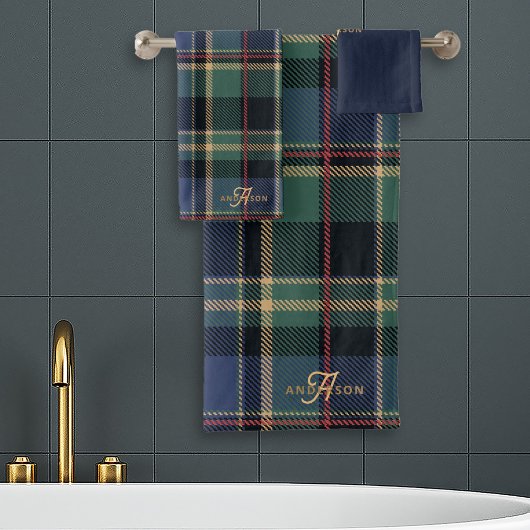 Monogramm Tartan Navy Blau Grün ID1141B Badhandtuch Set