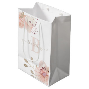 Monogramm Tasche aus Wasserfarbe-Pfirsich-Blumen-G Mittlere Geschenktüte