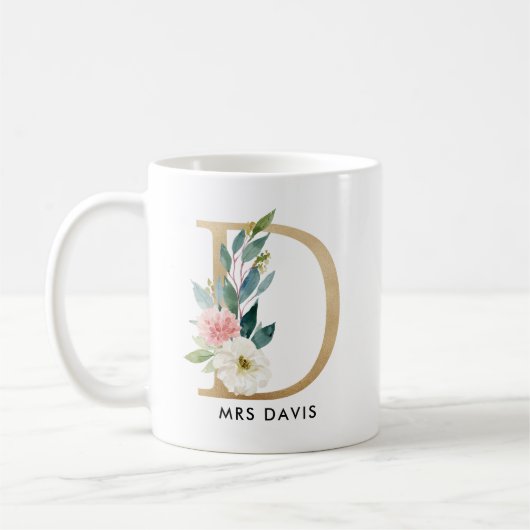 Monogramm-Tasse, Blumenmonogramm D, Kaffeetasse (Links)