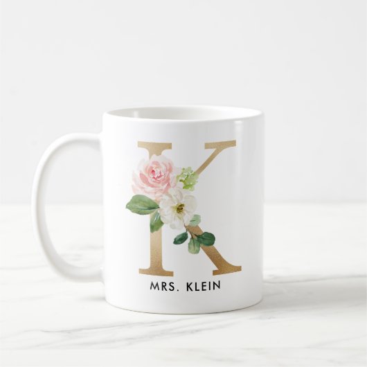 Monogramm-Tasse, Blumenmonogramm K, Kaffeetasse (Links)