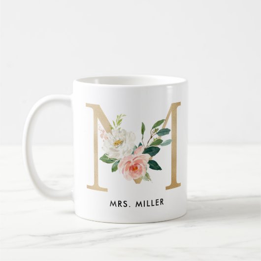 Monogramm-Tasse, Blumenmonogramm M, Kaffeetasse (Links)
