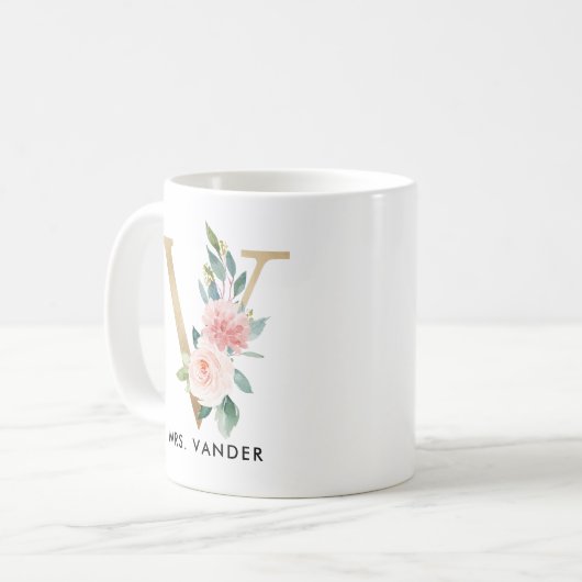 Monogramm-Tasse, Blumenmonogramm V, Kaffeetasse (Vorderseite Links)