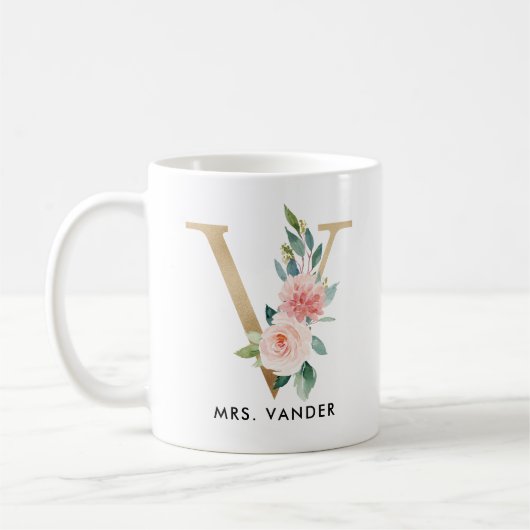 Monogramm-Tasse, Blumenmonogramm V, Kaffeetasse (Links)
