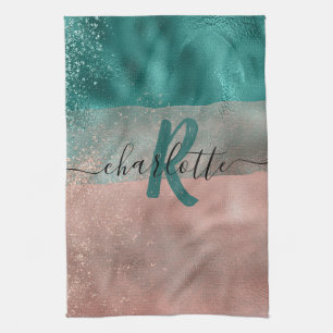 Monogramm Teal und Soft Blush Pink Ombre Folie Geschirrtuch