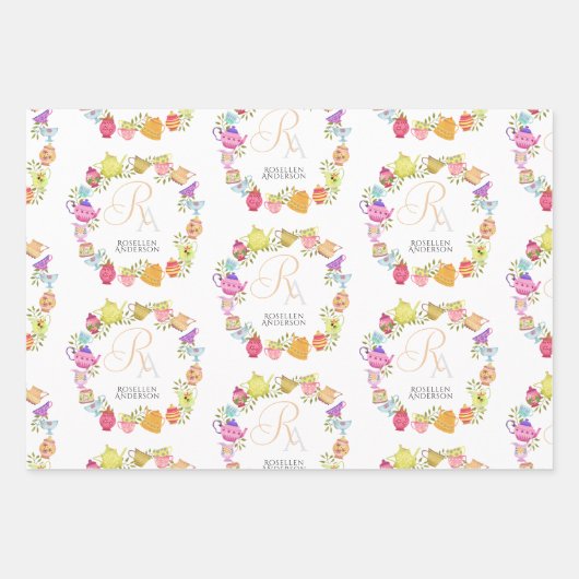 Monogramm Teebeutel und Tassen Geschenkpapier Set (Vorderseite)