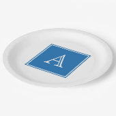 Monogramm-Teller für blaues Quadrat Pappteller (Schrägansicht)