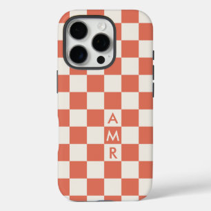 Monogramm Terrakotta Creme Schachbrettmuster iPhone 16 Pro Hülle