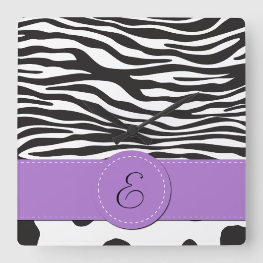 Monogramm - Tierdruck, Kuh, Zebra - Schwarz-weiß Quadratische Wanduhr (Vorderseite)