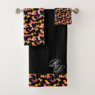 Monogramm-Tierdruck Rosa Orange Schwarz Badhandtuch Set