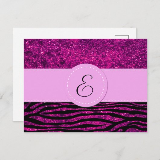 Monogramm - Tierdruck, Zebra, Glitzer - Rosa Postkarte (Vorne/Hinten)