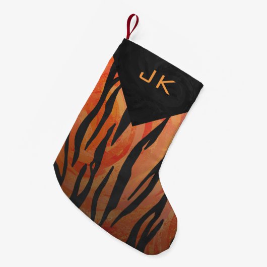 Monogramm-Tiger-heißes orange und schwarzes Kleiner Weihnachtsstrumpf (Vorderansicht (hängend))