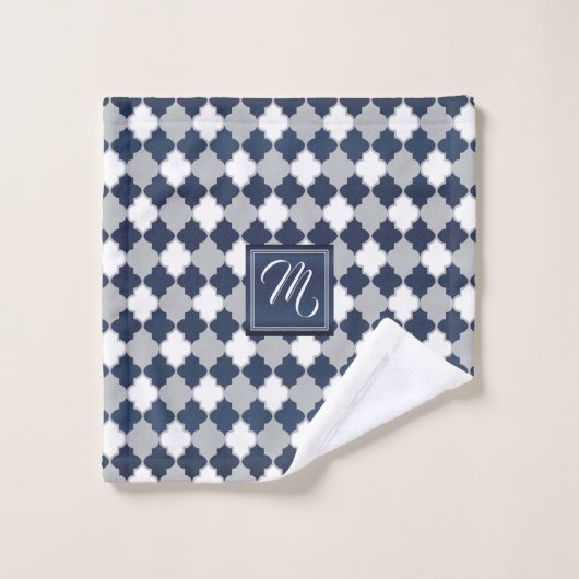 Monogramm Tonschiefer Blau, Grau und Weiß Quatrefo Badhandtuch Set (Waschlappen)