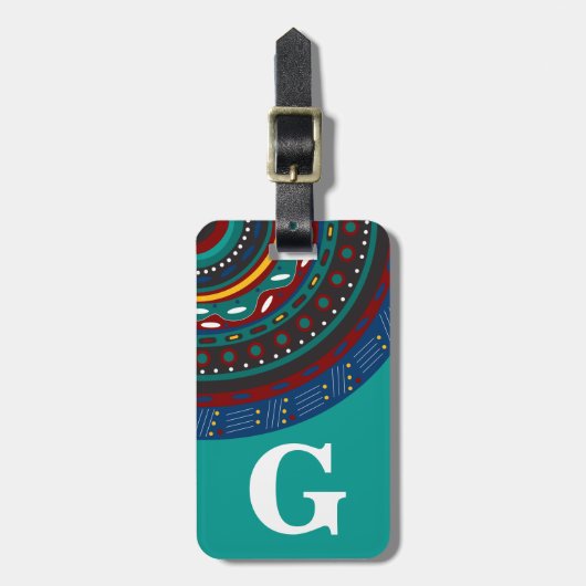 Monogramm, Tribal Inspiriert Muster, Aquamarin Gepäckanhänger (Vorderseite vertikal)