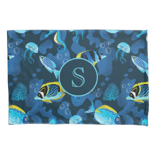 Monogramm Tropisch Blau Gelbe Fische Illustration Kissenbezug