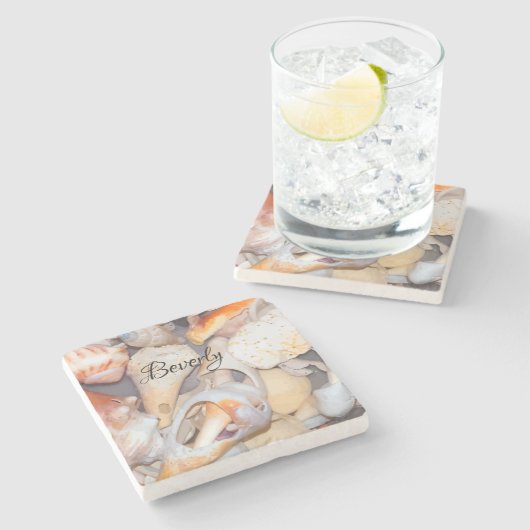 Monogramm-Tropisches Muschelmuster Steinuntersetzer (Seitenansicht)