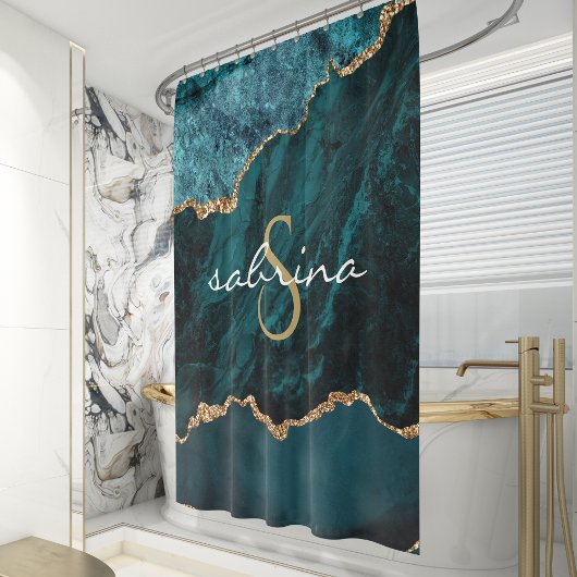 Monogramm Türkis Blau Gold Achat Geode Duschvorhang