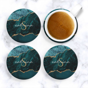 Monogramm Türkis Blau Gold Achat Geode Getränkeuntersetzer