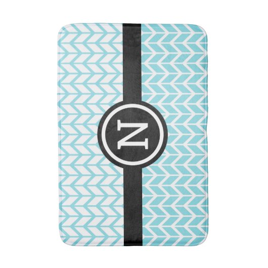 Monogramm Türkis Blau Weiß Zickzack Muster Fett Badematte (Vorderseite Vertikal)