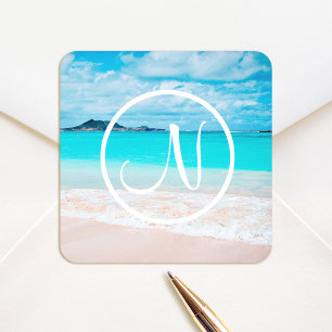 Monogramm Türkis Ozean Sandstrand Fotografie Quadratischer Aufkleber