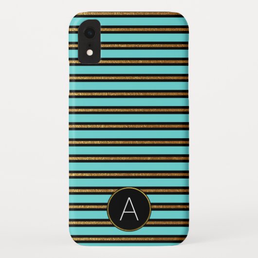 Monogramm Türkis, Schwarz und Gold Streifen Case-Mate iPhone Hülle (Rückseite)