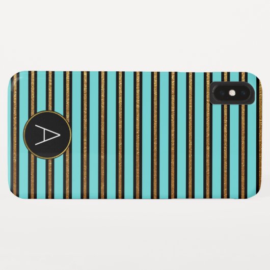 Monogramm Türkis, Schwarz und Gold Streifen Case-Mate iPhone Hülle (Rückseite (Horizontal))