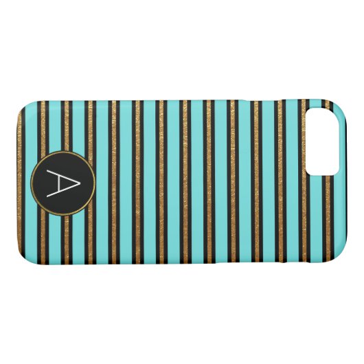 Monogramm Türkis, Schwarz und Gold Streifen Case-Mate iPhone Hülle (Rückseite (Horizontal))