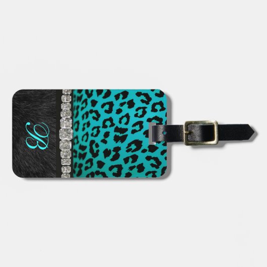 Monogramm-Türkis, schwarzer Gepäckanhänger (Vorderseite horizontal)