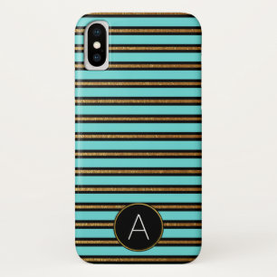 Monogramm-Türkis, Schwarzes und Goldfolie Striped Case-Mate iPhone Hülle