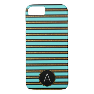Monogramm-Türkis, Schwarzes und Goldfolie Striped Case-Mate iPhone Hülle