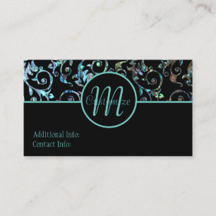 Monogramm-Türkis-u. schwarze Perlen-Blumenkarte Visitenkarte