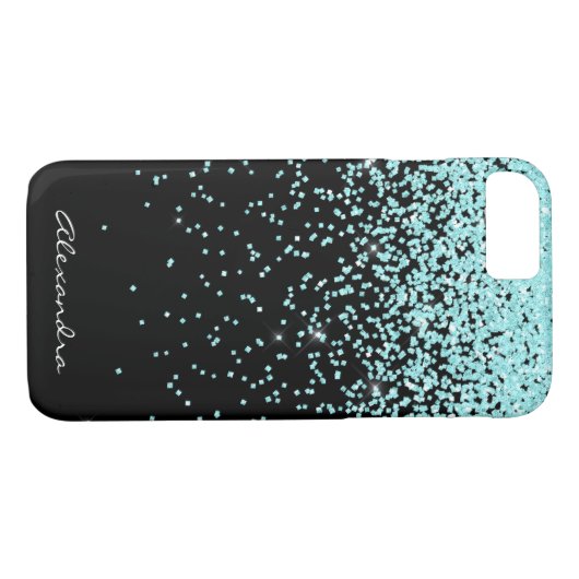 Monogramm Türkis und Schwarzer Glitzer Case-Mate iPhone Hülle (Rückseite (Horizontal))