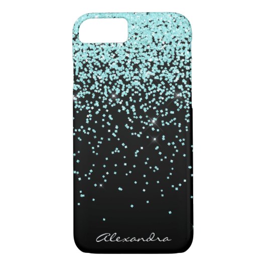 Monogramm Türkis und Schwarzer Glitzer Case-Mate iPhone Hülle (Rückseite)