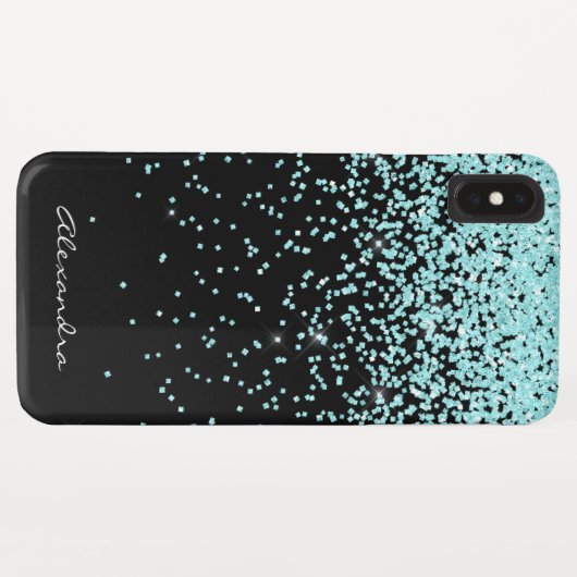Monogramm Türkis und Schwarzer Glitzer Case-Mate iPhone Hülle (Rückseite (Horizontal))