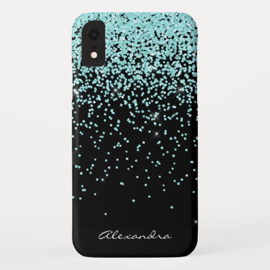 Monogramm Türkis und Schwarzer Glitzer Case-Mate iPhone Hülle (Rückseite)